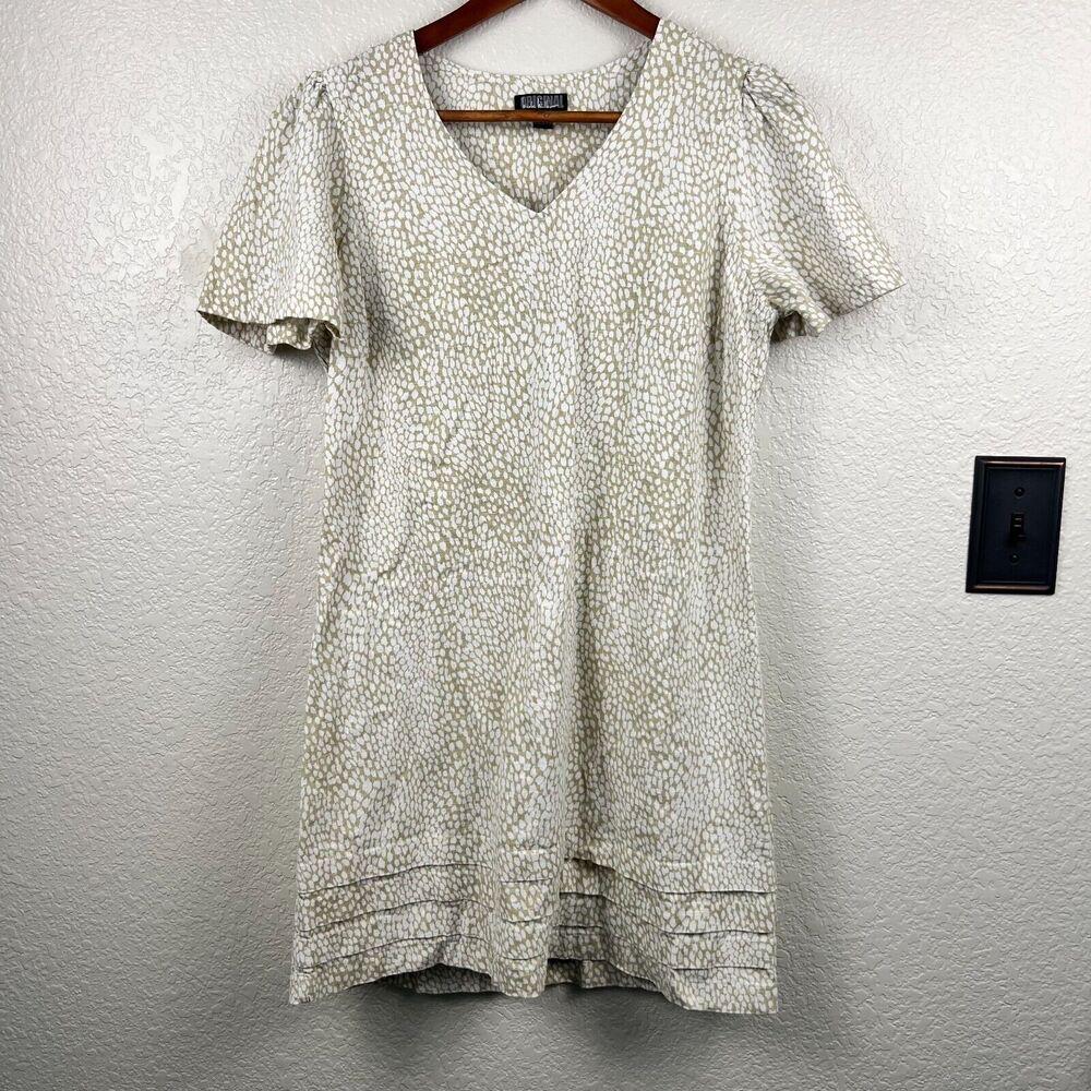 Nicole Miller Original M Linen Shift Dress In White Tan V Neck Short Sleeves